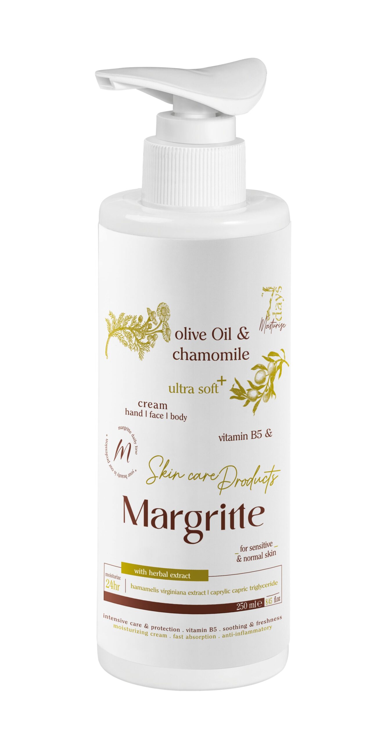 203b0a79-d5e3-476c-bed2-58618bfd275a کرم مرطوب کننده آبرسان زیتون بابونه حجم 250 میلی لیتر (پمپی) مارگریت - Image 1